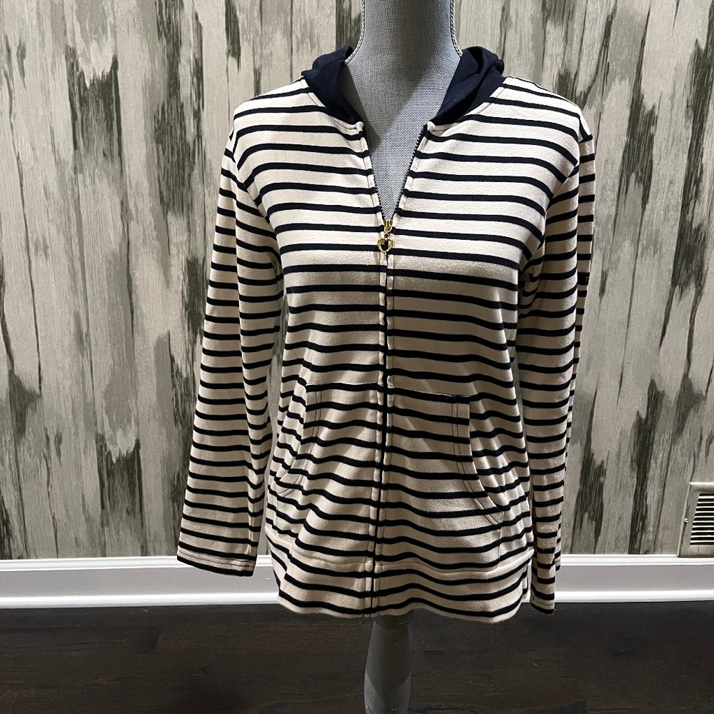 women's hooded zip up, blue and white stripes, L'air du Large size L